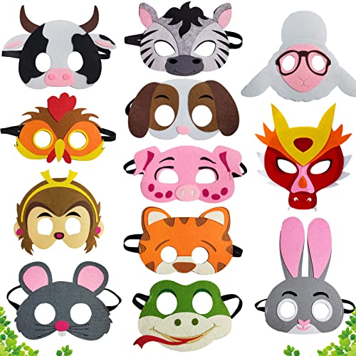 YOUYIKE 12 Piezas Máscaras de Fieltro, Máscaras de Animales para Niños, Máscaras de Fiesta para Niños, para Baile de Máscaras, Fiestas de Cumpleaños, Navidad, Halloween