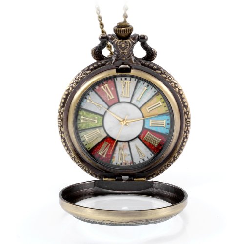 JewelryWe Reloj de Bolsillo, Reloj Bolsillo para Mujer de Estilo Retro Rueda Roma Steampunk con Colgante Cadena de 78cm Regalo para Mujer