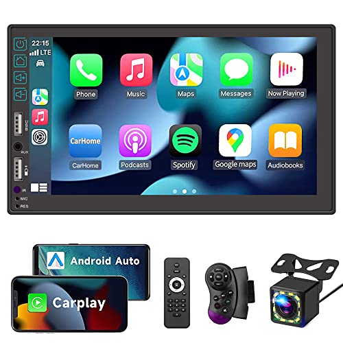 Radio de Coche 2 DIN Compatible con CarPlay y Android Auto,Auto Radio Estéreo con Control de Voz,Mirror Link,Pantalla Táctil HD de 7 Pulgadas con Bluetooth 5.1/Cámara Trasera/Am/FM/RDS/USB/AV In/SWC