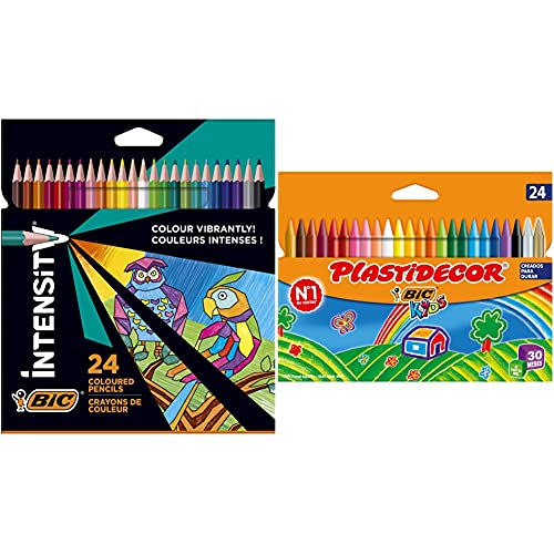 BIC intensity triangle lápices de colores, mina de 1.3 mm, resina sin madera + Kids Ceras de Colores para Niños, Óptimo para material escolar,Plastidecor