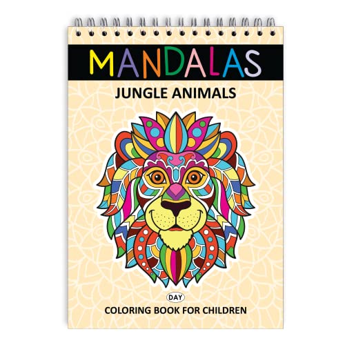 Finoly Libro Mandalas Colorear Niños Animales Jungla - Cuaderno para Colorear - 30 Ilustraciones Originales - Tamaño A4 - Papel Premium - Encuadernación Espiral (A4, Día)