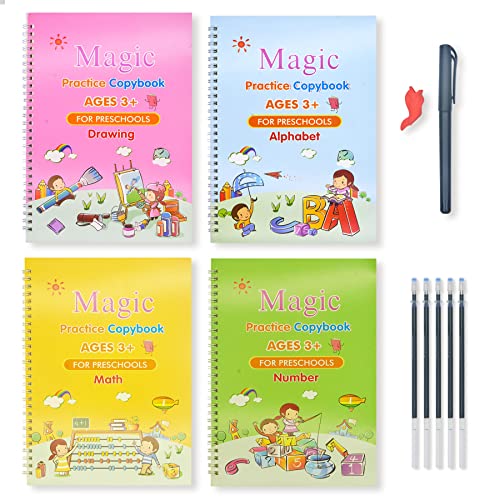 Larcenciel Cuaderno Magico Caligrafia Inglés, 4 Libros A5 Libro Mágico Reutilizables+ Bolígrafos Mágicos+ Recambios, Aprende a Escribir Dibujar Juegos Leer, Magic Book Cuaderno de Trazado Regalo Niños