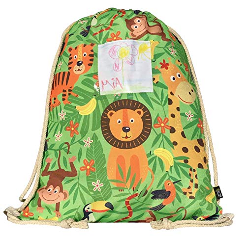 HECKBO Mochila niñas y niños con dibujos de la jungla, incluye una solapa para meter fotos y dibujos - selva - se puede lavar a máquina - 40x32 cm - apta para el jardín de infancia