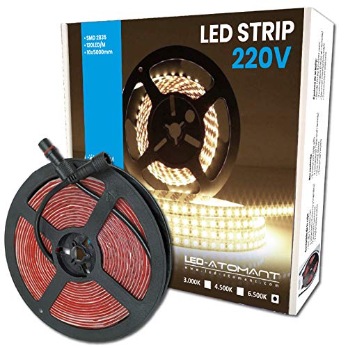 Rollo de 5 metros de Tira de Luz LED Directa a 220v, Color Blanco Frio (6500K), Impermeable, Corte cada 10cm