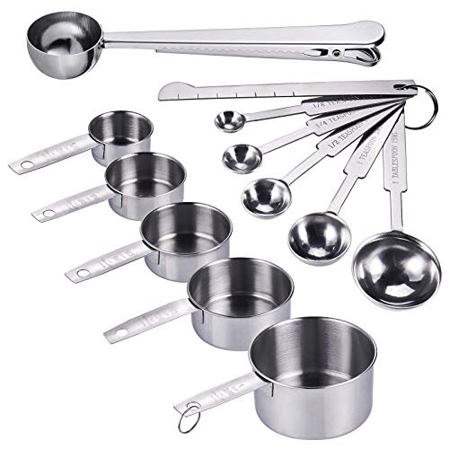 JIZZU 12Pcs Juego Cucharas Medidoras de Metal con Regla de Medición&Clip y Tazas Medidoras de Acero Inoxidable para Hornear, Vaso Medidor Cocina, Medir Porciones con Escala Precisa de 0.3ml a 250ml