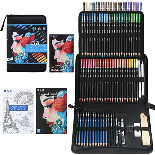 H & B Paquete de 98 lápices de artista, juego de dibujo con lápiz de colores, libro de colorear, tutorial de dibujo, juegos de arte para adultos, artistas, principiantes, niños (negro)