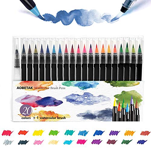 AOBETAK Watercolor Brush Pen, 20 Rotuladores Acuarelables + 1 Aqua Brush Pincel,Punta de Nylon Suave y Flexible,Pinceles para Acuarela, Pintar,Principiantes,Caligrafia,Artistas,Adultos,Niños