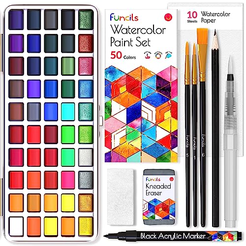 Funcils Set de Acuarelas Profesionales - 50 Kit de Acuarelas para Niños - Pintura de Acuarela Para Niños - Caja de Acuarelas Para Viaje - Versátil, Vibrante Y Portátil (50 Colores)