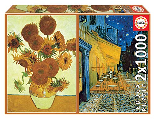Educa Serie Art Collection, 2 Puzzles de 1.000 Piezas, Los Girasoles y Terraza de café por la Noche de Vincent Van Gogh, Multicolor