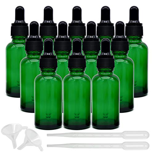 Bakiauli Botellas de vidrio para aceites esenciales,12 piezas Botella vacía recargable de 30 ml con gotero de vidrio y tapas(Verde)