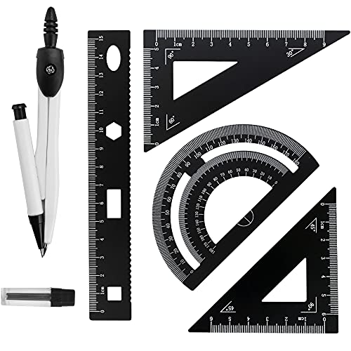 WANTOUTH Set de Geometría Juego de Geometría Escolar con Kit de Regla de Escala Triangular de Aluminio Juego de Compases Dibujo Tecnico con Minas de Lápiz Juego de Compas Profesional para Dibujar
