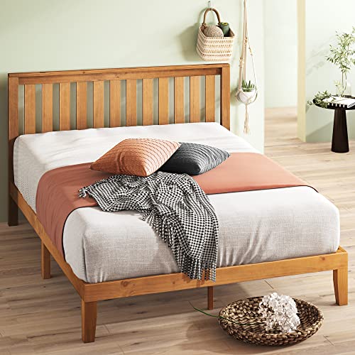 Zinus 30 cm Alexia Bastidor de cama con plataforma de madera con cabecero, Base de madera maciza, Somier de listones de madera, Espacio de almacenamiento bajo la cama, 135 x 190 cm, Pino rústico