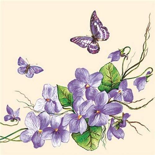 20 servilletas de violetas sobre crema, flores, primavera, decoración de mesa, 33 x 33 cm