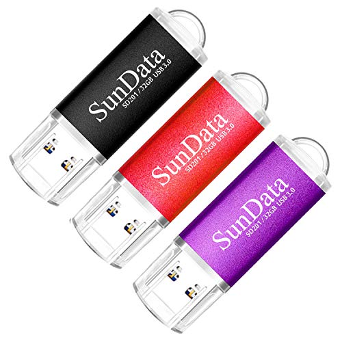 SunData Memorias USB 32GB 3 Piezas Pen Drive USB 3.0 Flash Drive Diseño Mini Almacenamiento de Datos hasta 90MB/s, (3 Colores Mezclados: Negro, Rojo, Púrpura)