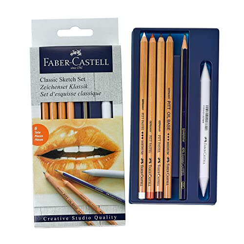 Faber-Castell 114004 - Set para diseño Creative Studio con 1 lápiz Goldfaber (2B), 3 lápices pastel PITT (blanco medio, sanguina, marrón nogal), 1 lápiz graso PITT (negro medio), 1 difumino