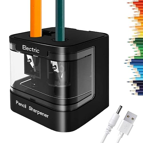 ARPDJK Sacapuntas eléctrico USB y funciona con pilas, para niños y adultos, resistente, doble agujero, automático, con contenedor para lápices de colores