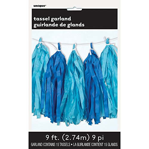 Unique- Guirnalda con borlas de papel de seda, Color azul rey y azul claro, 274 cm (62961)