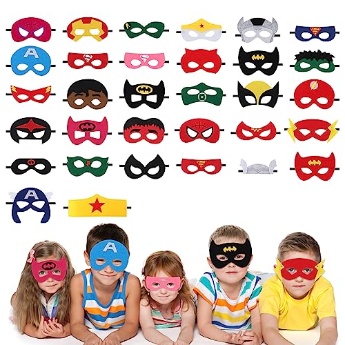 32 Piezas Máscaras para Niños,Máscaras de Animales de Espuma EVA para Bolsas de Fiesta,Máscaras de Superhéroe,Máscaras de Fieltro Mitad Máscara de Cosplay con Cuerda Elástica,Máscara Dibujos Animados