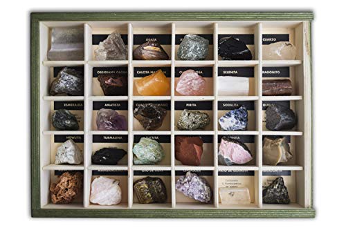 Colección de 30 Minerales del Mundo Premium en Caja de Madera Natural - Minerales Reales educativos de Gran tamaño con Hoja de descripción. Kit Geología para niños