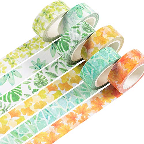 YUBBAEX Washi Tape Set cinta adhesiva decorativa Washi Glitter Adhesivo de Cinta Decorativa para DIY Crafts Scrapbooking (Sensación de hojas 6 rollos)