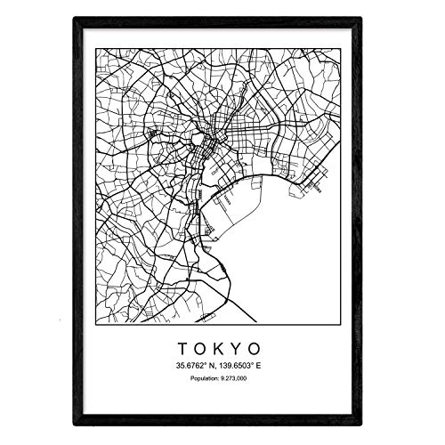 Nacnic Lámina Mapa de la Ciudad Tokyo Estilo nordico en Blanco y Negro. Poster tamaño A3 Sin Marco Impreso Papel 250 gr. Cuadros, láminas y Posters para Salon y Dormitorio
