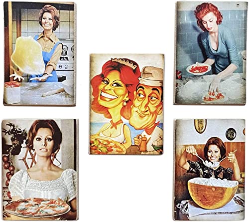 KUSTOM ART Juego de 5 imanes (imanes) serie actores famosos Totò y Sofia Loren Vintage de colección, impresión en madera, 10 x 6 cm