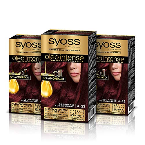 Syoss Oleo Intense - Tinte 4-23 Rojo Burdeos – Coloración permanente Sin Amoníaco – Cobertura profesional de canas – Resultados de peluquería (Pack De 3)