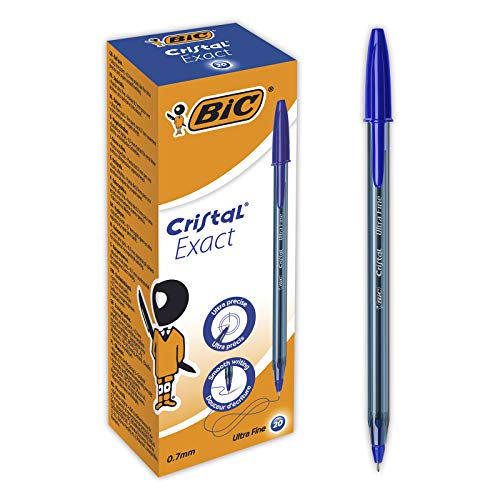 BIC Cristal Exact Bolígrafos, Óptimo para uso de oficina, casa y escolar, Punta fina (0,7 mm) - Azul, Caja de 20 Unidades.