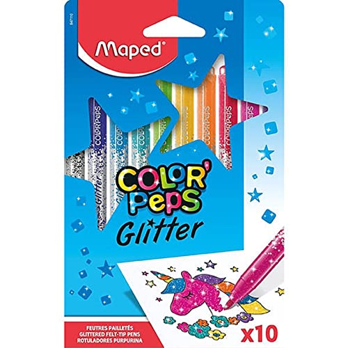 Maped - Rotuladores de Colores para Niños - Color's Peps Glitter - 10 Rotuladores con Punta Media - Tinta de Purpurina - Ideal para Decorar Creaciones