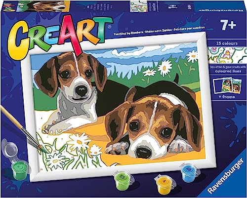 Ravensburger - CreArt Serie D: Cachorros Jack Russell, Kit para Pintar por Números, Contiene una Tabla Preimpresa, un Pincel, Colores y Accesorios, Juego Creativo para Niños y Niñas 7+ Años