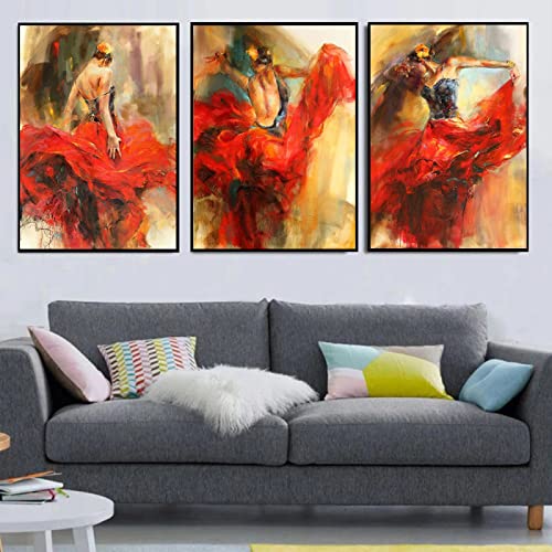 Vintage Red Skirt Girl Art Posters and Prints Spanish Flamenco Beauty Dancer Canvas Painting Wall Art Picture Decoración para el hogar 70x90cm (28x35in) x3 Con marco