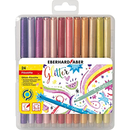 Eberhard Faber 551024 - Rotuladores con purpurina en 24 colores brillantes, grosor de mina de 3 mm, lavables, en caja de regalo con bisagra, para dibujar, colorear, hacer manualidades y escribir