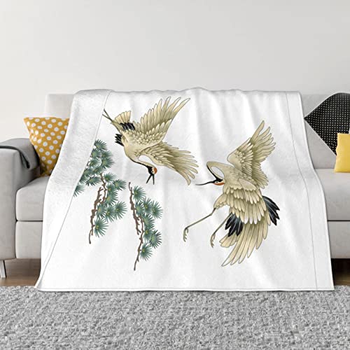 Manta de franela ultrasuave de dos grullas japonesas volando con pintura tradicional de varios tamaños (horizontal) de felpa para sofá es ligera y cálida