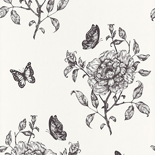 Caselio 67839100 Papel Pintado con Flores y Mariposas románticas con el Fondo Blanco Roto y Dibujos en Negro