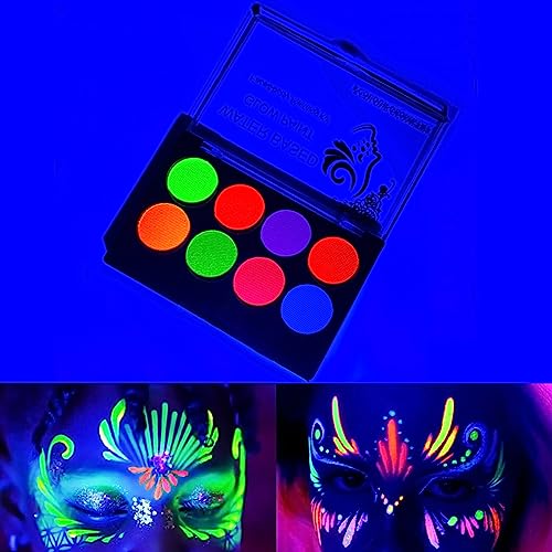 Pintura facial y corporal reactiva a la luz negra UV, pigmento a base de agua con pintura que brilla bajo la luz negra, polvo fluorescente de neón de 8 colores, adecuado para fiestas con luz negra