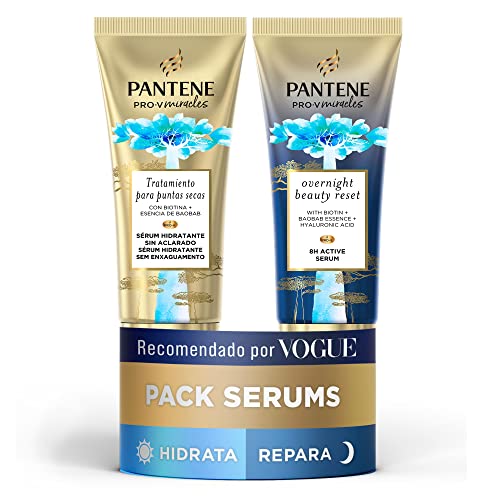 Pantene Hydra Miracles Sérum De Día Hidratante, Puntas Secas + Sérum Activo 8H De Noche Con Biotina, Esencia De Baobab, Ácido Hialurónico, 70ml+70ml