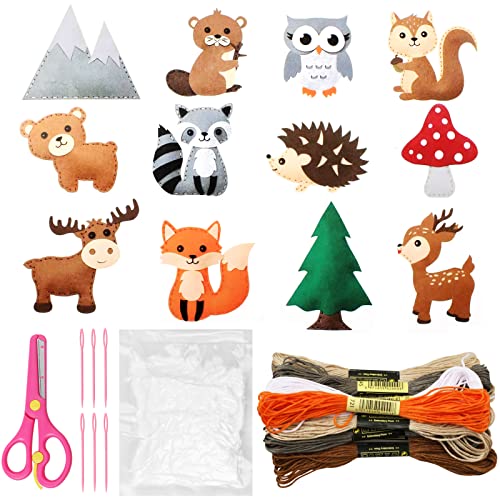 yumcute 12 Kit de Costura de Fieltro Niños, Set de Costura Niños de Animales del Bosque, para Niños Lindo Paquete de Costura Relleno, con Múltiples Herramientas de Costura, para Niñas Principiantes
