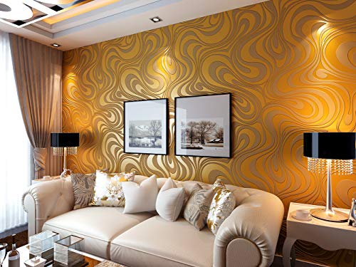 KeTian Modern Luxury 3D Curva de papel tapiz abstracto No tejido Flocado para sala de estar/Papel tapiz de dormitorio Rollo 2.29 'W x 27.56' L = 63.11 pies cuadrados (Oro y amarillo)