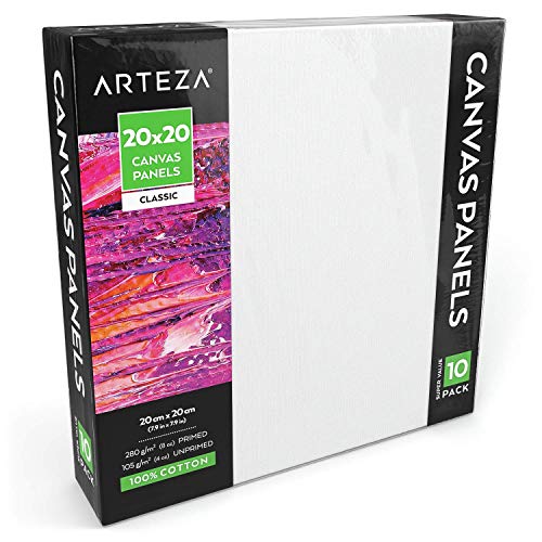 Arteza Paneles de lienzo para pintar cuadros | 20x20 cm | Pack de 10 | 100% algodón | Imprimación sin ácidos | Lienzos de pintura para profesionales, aficionados y principiantes