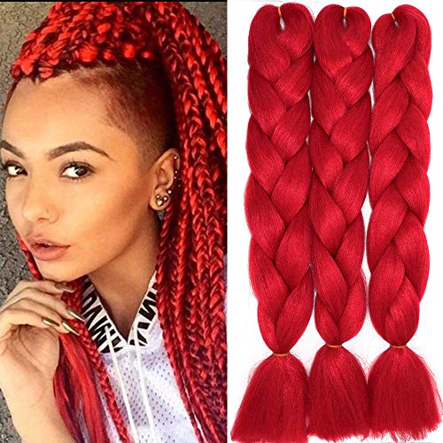 60cm Pelo Sintetico para Trenzas Africanas Extensiones de Cabello Jumbo Braids Crochet Braiding Hair Extensions 3PCS (rojo)