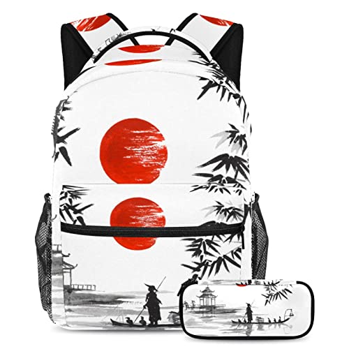 Pintura tradicional japonesa del sol del barco Juego de mochila escolar para adolescentes, niñas, niños, mochila para estudiantes, mochila con estuche para lápices para escuela secundaria primaria