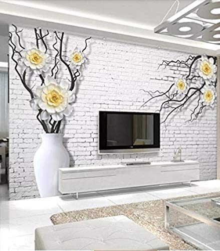 Arte de las etiquetas engomadas Florero blanco con tres ramas de flores blancas de peonía amarilla Fondo de pared 3D- papel pintado a papel pintado pared dormitorio autoadhesivo wallpap-430cm×300cm