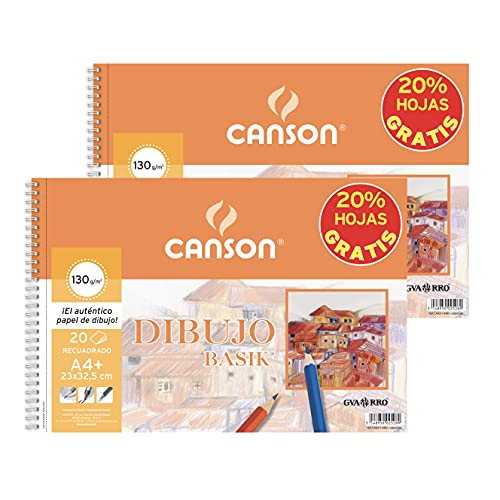 Canson - 2 Álbumes Espiral Microperforados A4 de 20 hojas Dibujo Basik Recuadro, 130 g