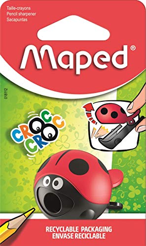 Maped - Material Escolar - Sacapuntas Croc Croc - Sacapuntas con Depósito - 1 Orificio para Afilar - Fácil Apertura de Depósito - Diseño Lúdico en Color Rojo y Negro