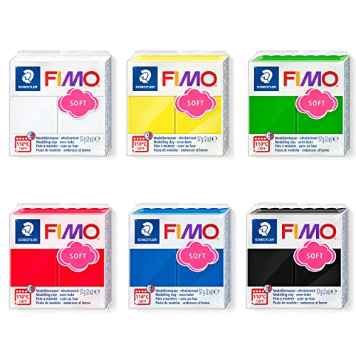 STAEDTLER Fimo Soft Basic 8020-BX - Pasta para modelar (6 colores, endurecedor, suave y blanda, inmediatamente modelable, reutilizable, tamaño de bloque 57 g), 6 colores surtidos