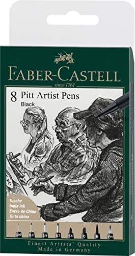 Faber-Castell PITT Artist Pen tinta china - Estuche de 8 - color 199 negro - XXS, S, F, M, B, C, 1.5, Punta de pincel dura, (167158)