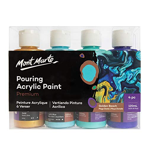 Mont Marte Pinturas Acrilicas Pouring Set Playa Dorada – 4 piezas x 120ml – Pinturas acrílicas premezcladas con Pouring Medium – Oro, Turquesa, Azul Claro, Azul Ultramarino