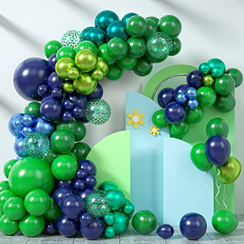 Kit de guirnalda de globos azul y verde, kit de arco de guirnalda de globos azul marino y verde oscuro con doble capa de globos azul cromado, globos de confeti verdes metálicos para decoración