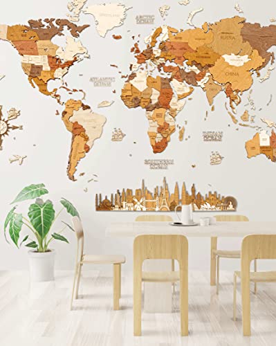 Mapa del mundo de madera para decoración de pared – multicapa de madera teñida multicolor, nombres grabados – efecto único 3D, para sala de estar, oficina, dormitorio L150 Explorer 150x100 cm