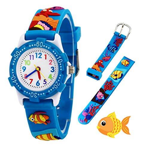 RSVOM Relojes analógicos para niños Impermeables, Reloj de Pulsera para niños con Correa de Silicona 3D de Dibujos Animados, Juguete para niños pequeños Regalo de cumpleaños/Navidad (Blue Fish)